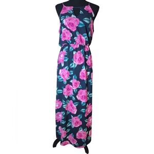 Midnight Garden Pink Rose Maxi Dress - Size Medium